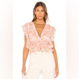 NWT Tularosa Kaia Floral Deep V Ruffle Crop Blouse Pink Floral Size XS